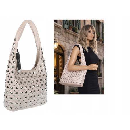 Torebka damska worek pojemna na ramię z ćwiekami duża torba HJ1357 Beżowa