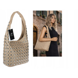 Torebka damska worek pojemna na ramię z ćwiekami duża torba HJ1357 Beżowa