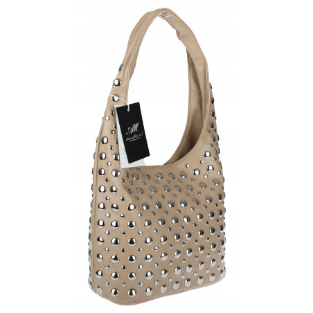 Torebka damska worek pojemna na ramię z ćwiekami duża torba HJ1357 Beżowa