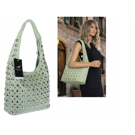 Torebka damska worek pojemna na ramię z ćwiekami duża torba HJ1357 Zielona