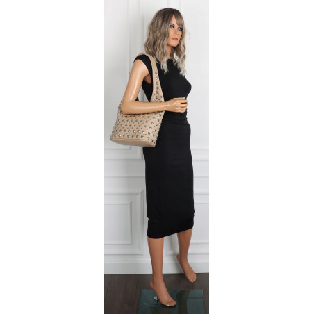 Torebka damska worek pojemna na ramię z ćwiekami duża torba HJ1357 Beżowa