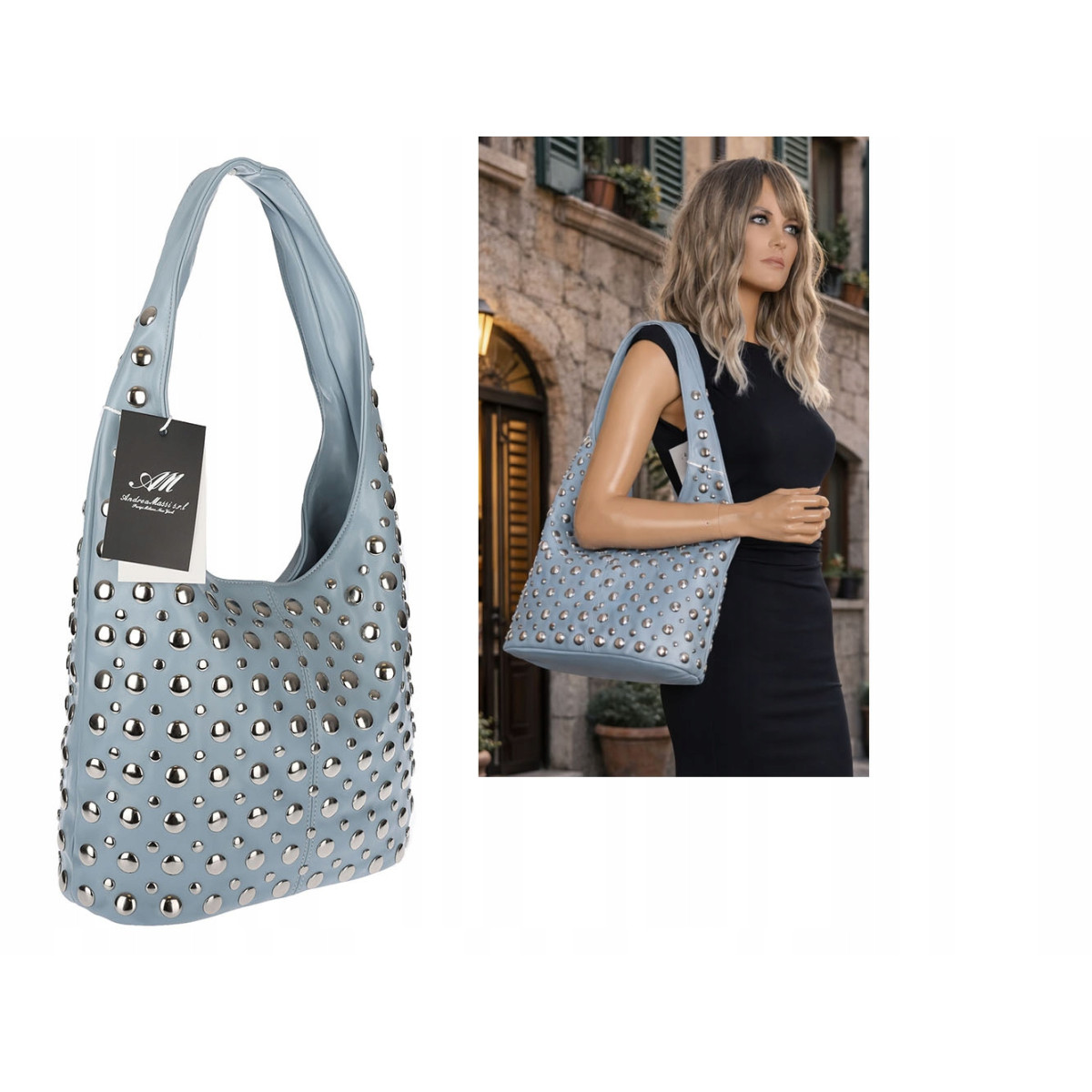 Torebka damska worek pojemna na ramię miejska z ćwiekami HJ1357 Niebieska