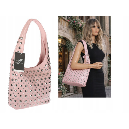Torebka damska worek pojemna na ramię z ćwiekami duża torba HJ1357 Różowa