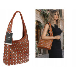 Torebka damska worek pojemna na ramię z ćwiekami duża torba HJ1357 Brązowa
