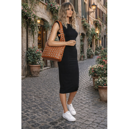 Torebka damska worek pojemna na ramię z ćwiekami duża torba HJ1357 Brązowa