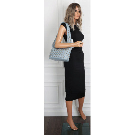 Torebka damska worek pojemna na ramię miejska z ćwiekami HJ1357 Niebieska