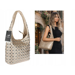 Torebka damska worek pojemna na ramię z ćwiekami duża torba HJ1357 Złota