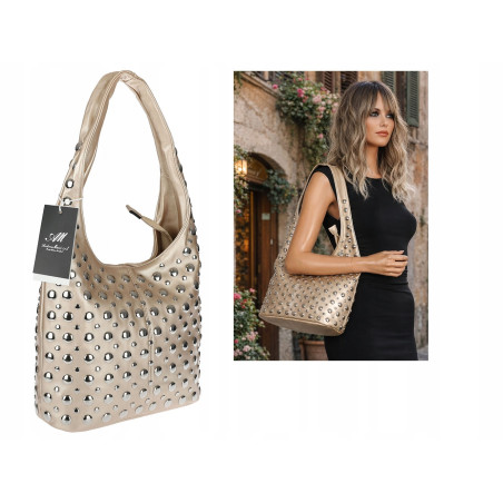 Torebka damska worek pojemna na ramię z ćwiekami duża torba HJ1357 Złota