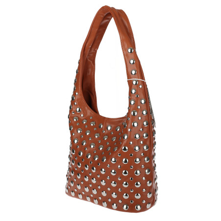 Torebka damska worek pojemna na ramię z ćwiekami duża torba HJ1357 Brązowa