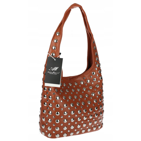 Torebka damska worek pojemna na ramię z ćwiekami duża torba HJ1357 Brązowa