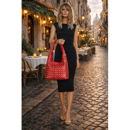 Torebka damska worek pojemna na ramię z ćwiekami duża torba HJ1357 Czerwona