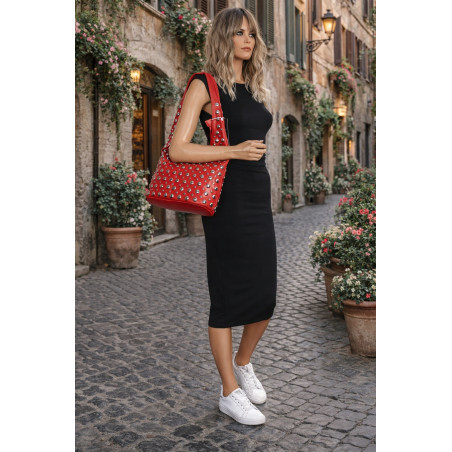 Torebka damska worek pojemna na ramię z ćwiekami duża torba HJ1357 Czerwona