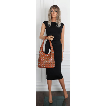 Torebka damska worek pojemna na ramię z ćwiekami duża torba HJ1357 Brązowa