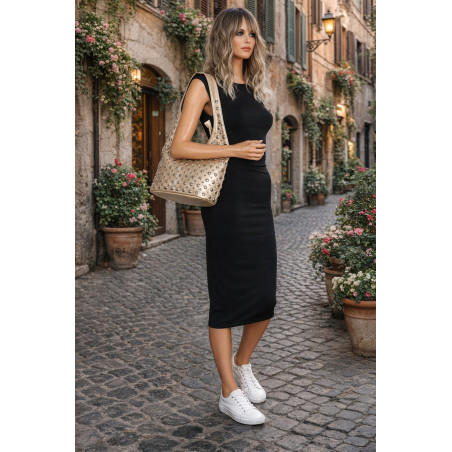 Torebka damska worek pojemna na ramię z ćwiekami duża torba HJ1357 Złota