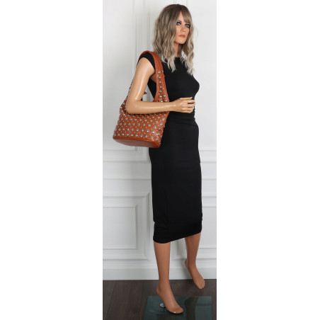 Torebka damska worek pojemna na ramię z ćwiekami duża torba HJ1357 Brązowa