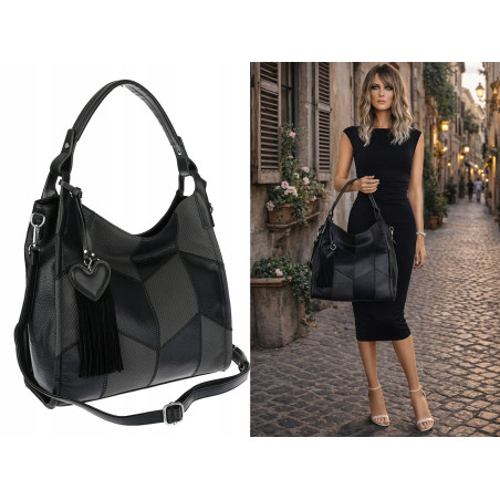 Torebka damska worek shopper pojemna torba na ramię frędzle MC675 Czarna
