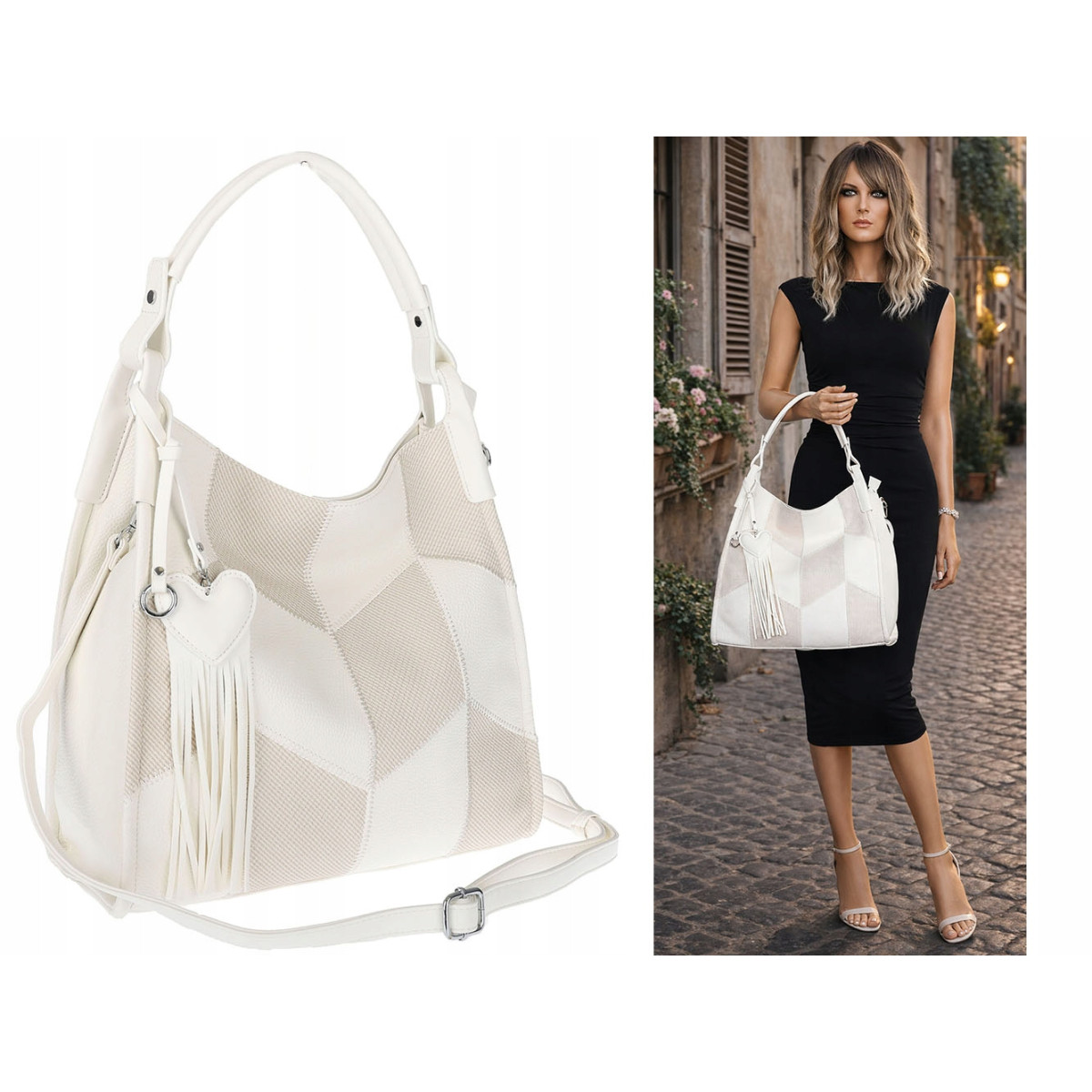 Torebka damska worek shopper pojemna torba na ramię frędzle MC675 Biała
