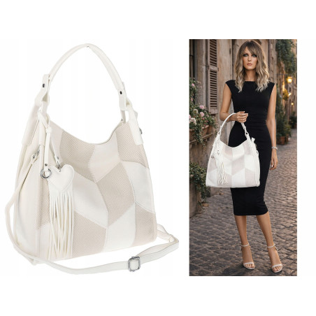 Torebka damska worek shopper pojemna torba na ramię frędzle MC675 Biała