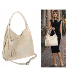 Torebka damska worek shopper pojemna torba na ramię frędzle MC675 Beżowa
