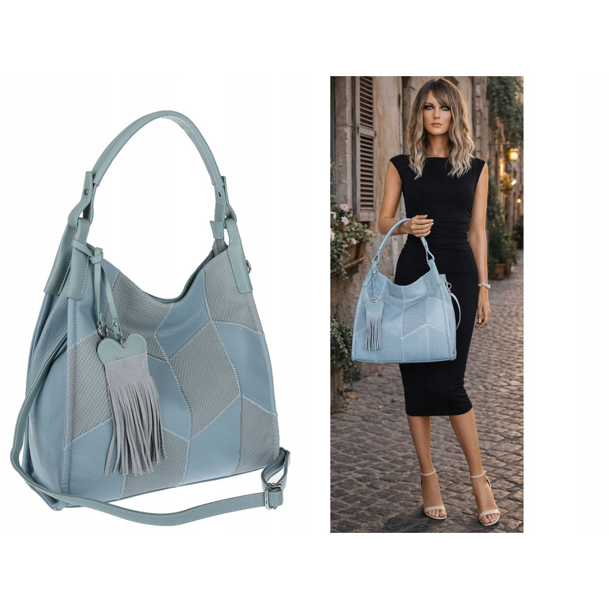 Torebka damska worek shopper pojemna torba na ramię frędzle MC675 Niebieska