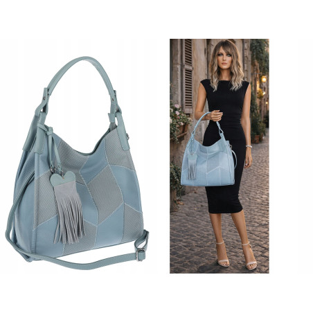 Torebka damska worek shopper pojemna torba na ramię frędzle MC675 Niebieska
