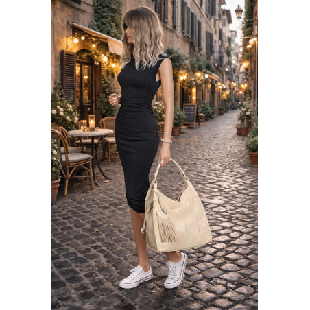 Torebka damska worek shopper pojemna torba na ramię frędzle MC675 Beżowa