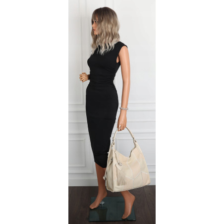 Torebka damska worek shopper pojemna torba na ramię frędzle MC675 Beżowa