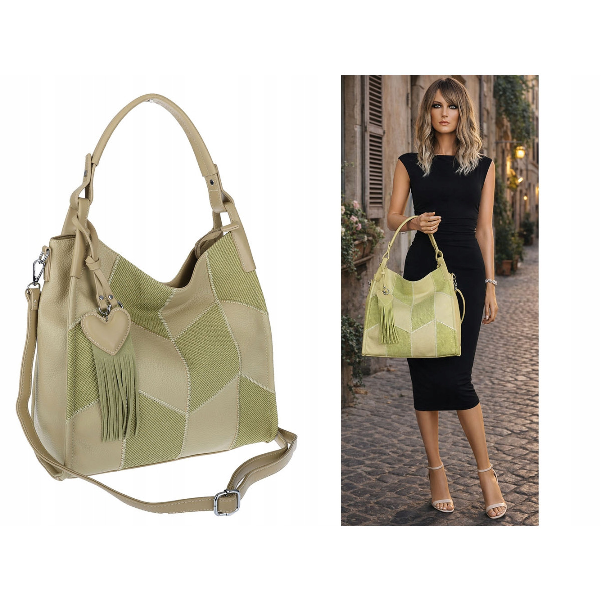 Torebka damska worek shopper pojemna torba na ramię frędzle MC675 Zielona
