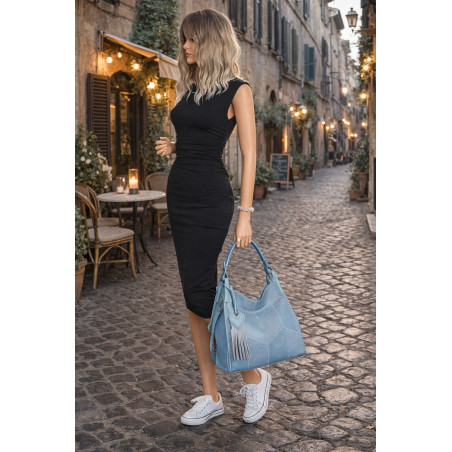 Torebka damska worek shopper pojemna torba na ramię frędzle MC675 Niebieska