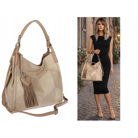 Torebka damska worek shopper pojemna torba na ramię frędzle MC675 Beżowa