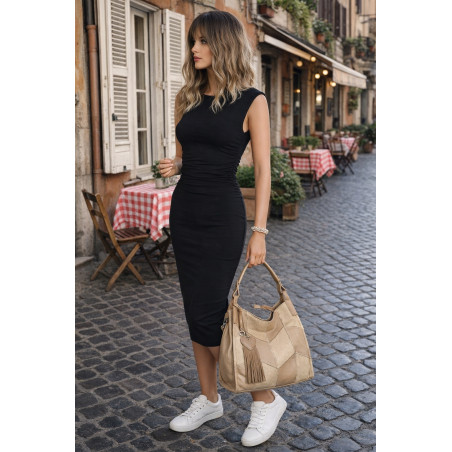 Torebka damska worek shopper pojemna torba na ramię frędzle MC675 Beżowa