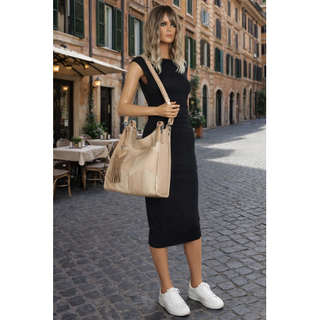 Torebka damska worek shopper pojemna torba na ramię frędzle MC675 Beżowa