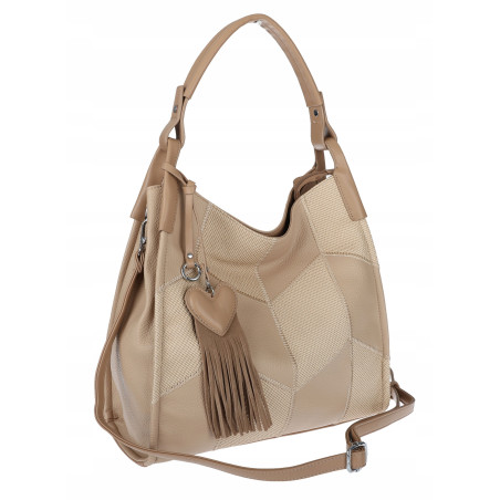 Torebka damska worek shopper pojemna torba na ramię frędzle MC675 Beżowa