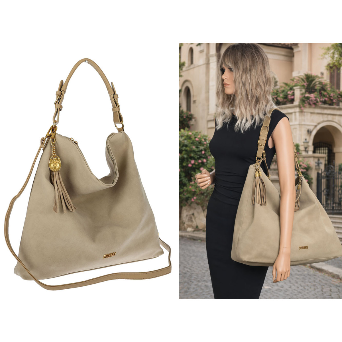 Torebka damska worek shopper pojemna elegancka torba na ramię CC3151 Beżowa