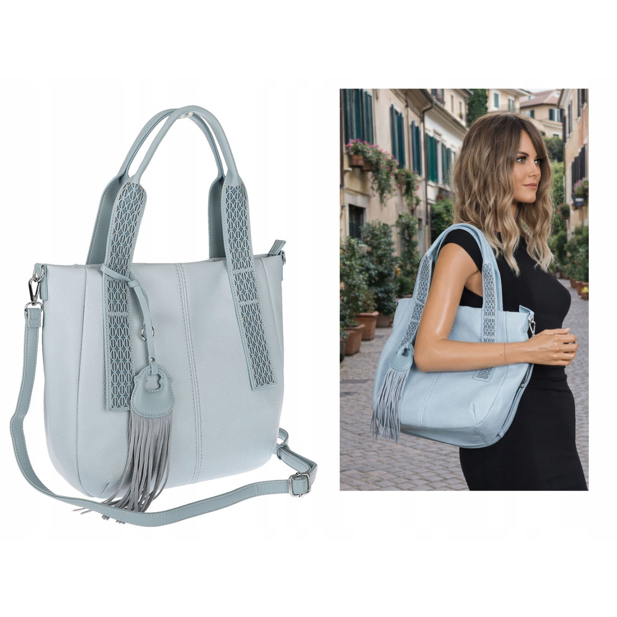 Torebka damska shopper worek pojemna boho na ramię frędzle MC669 Niebieska