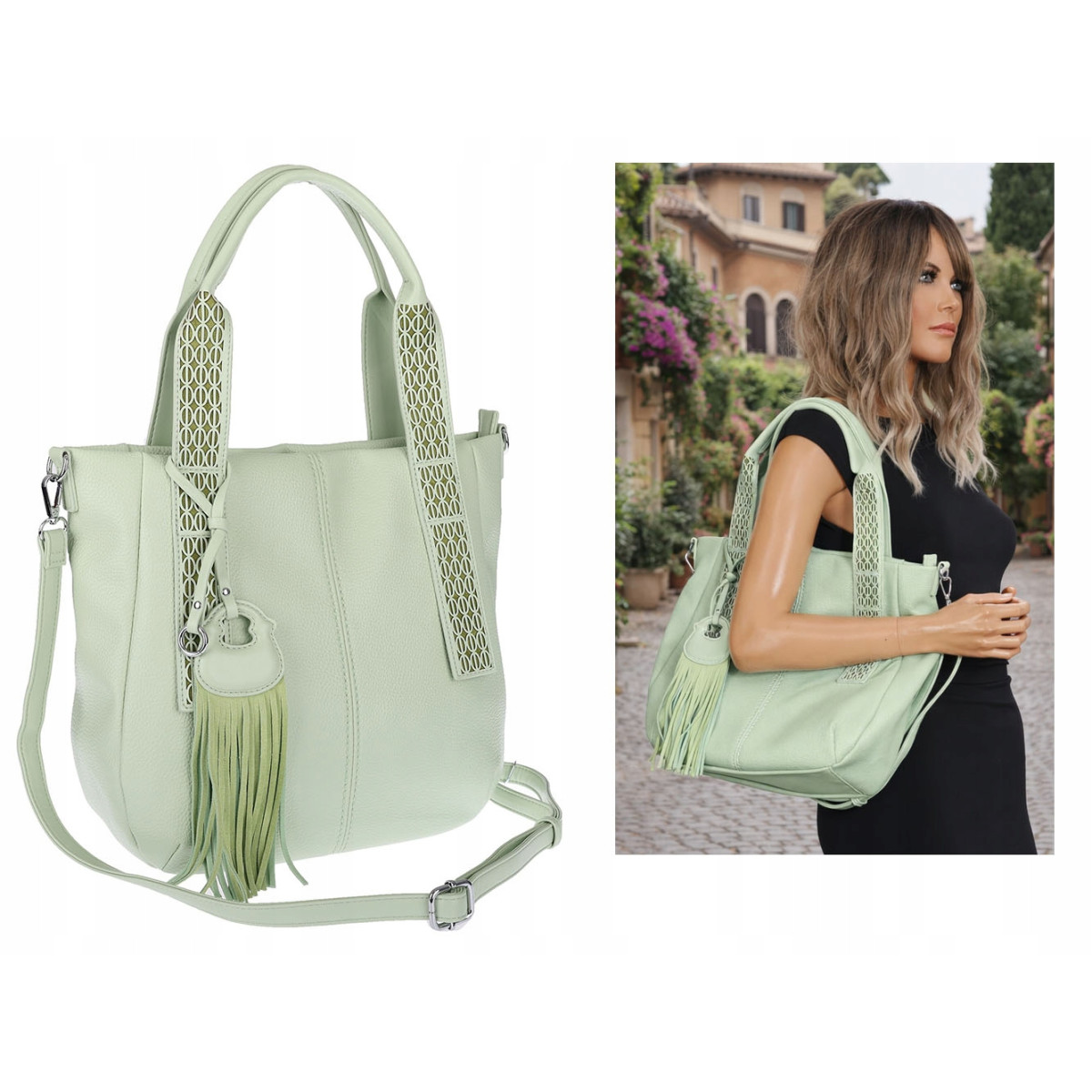 Torebka damska shopper worek pojemna boho na ramię frędzle MC669 Zielona