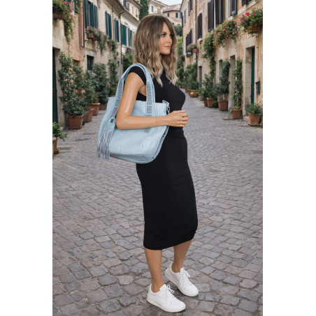 Torebka damska shopper worek pojemna boho na ramię frędzle MC669 Niebieska