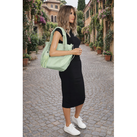 Torebka damska shopper worek pojemna boho na ramię frędzle MC669 Zielona