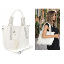 Torebka damska shopper worek pojemna boho na ramię frędzle MC669 Biała