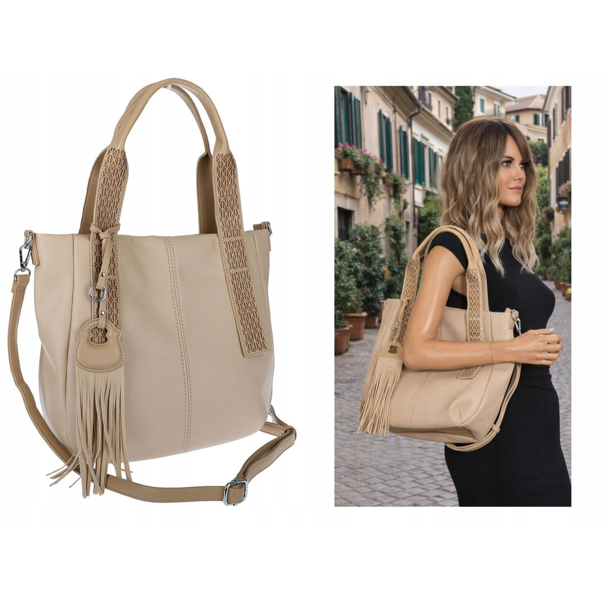 Torebka damska shopper worek pojemna boho na ramię frędzle MC669 Beżowa
