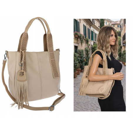 Torebka damska shopper worek pojemna boho na ramię frędzle MC669 Beżowa