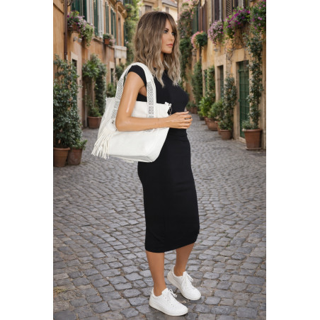 Torebka damska shopper worek pojemna boho na ramię frędzle MC669 Biała