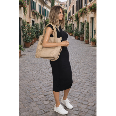 Torebka damska shopper worek pojemna boho na ramię frędzle MC669 Beżowa