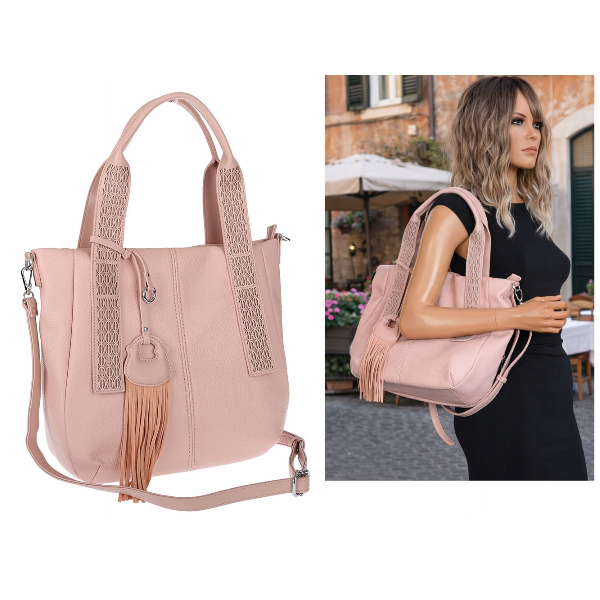 Torebka damska shopper worek pojemna boho na ramię frędzle MC669 Różowa