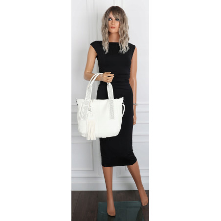 Torebka damska shopper worek pojemna boho na ramię frędzle MC669 Biała