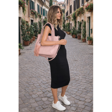 Torebka damska shopper worek pojemna boho na ramię frędzle MC669 Różowa