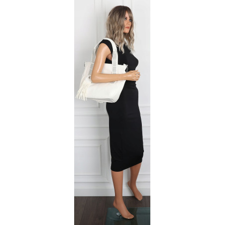 Torebka damska shopper worek pojemna boho na ramię frędzle MC669 Biała