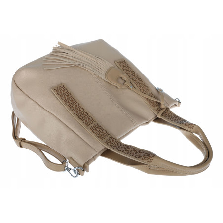 Torebka damska shopper worek pojemna boho na ramię frędzle MC669 Beżowa