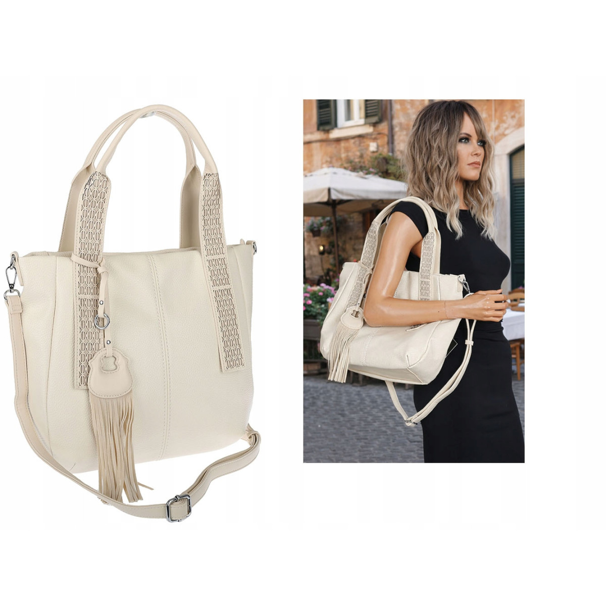 Torebka damska shopper worek pojemna boho na ramię frędzle MC669 Beżowa