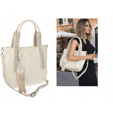 Torebka damska shopper worek pojemna boho na ramię frędzle MC669 Beżowa